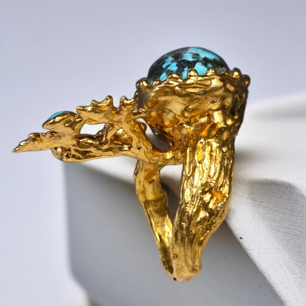 24k Gold Plated Artisan Turquoise Leaf Twig Free Form Massive Statement Ring - Picture 3 of 7